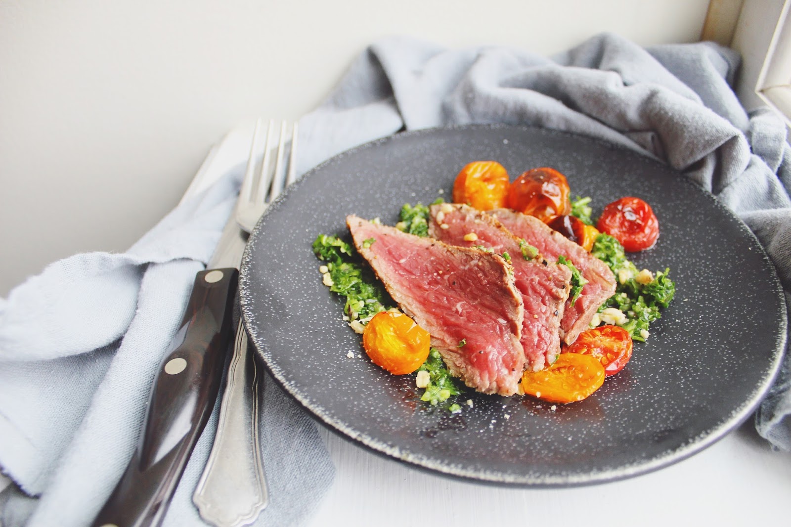 The Rosiest Cheeks Sliced Oyster Steak with Quick Herb Salsa & Roasted