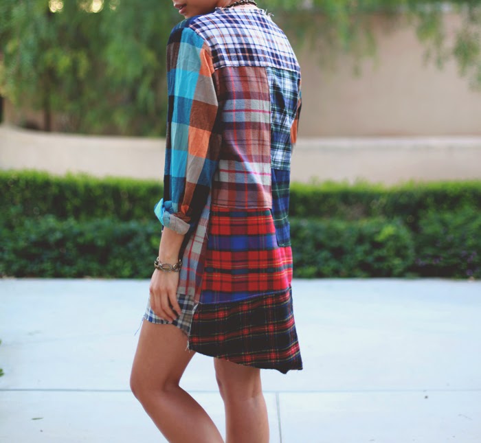 Stephanie Liu of Honey & Silk wearing Urban Outfitters Rag Union plaid dress, Kelly Wearstler chain necklace, and Michael Kors studded boots