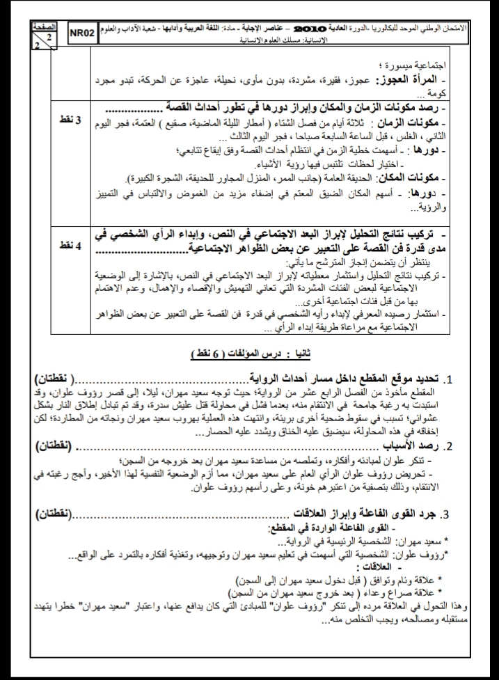 الامتحان الوطني الموحد للباكالوريا، مادة اللغة العربية، مسلك العلوم الإنسانية / الدورة العادية 2010