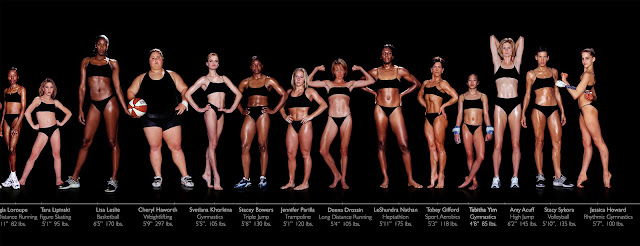 Same as above. The wide variety of body differences in form is really facinating. These are all women who are peak fitness, and yet what that looks like is completly different for each person. We aren't used to seeing so dynamic a variety in female forms in media.