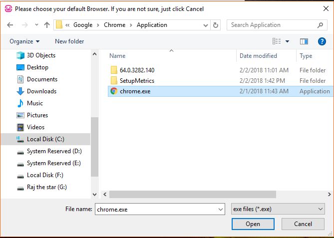 Sélectionnez Goole Chrome comme navigateur par défaut pour le serveur WAP dans Windows 10