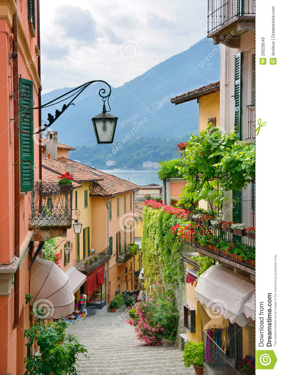 Picturesque small town street view in Lake Como Italy