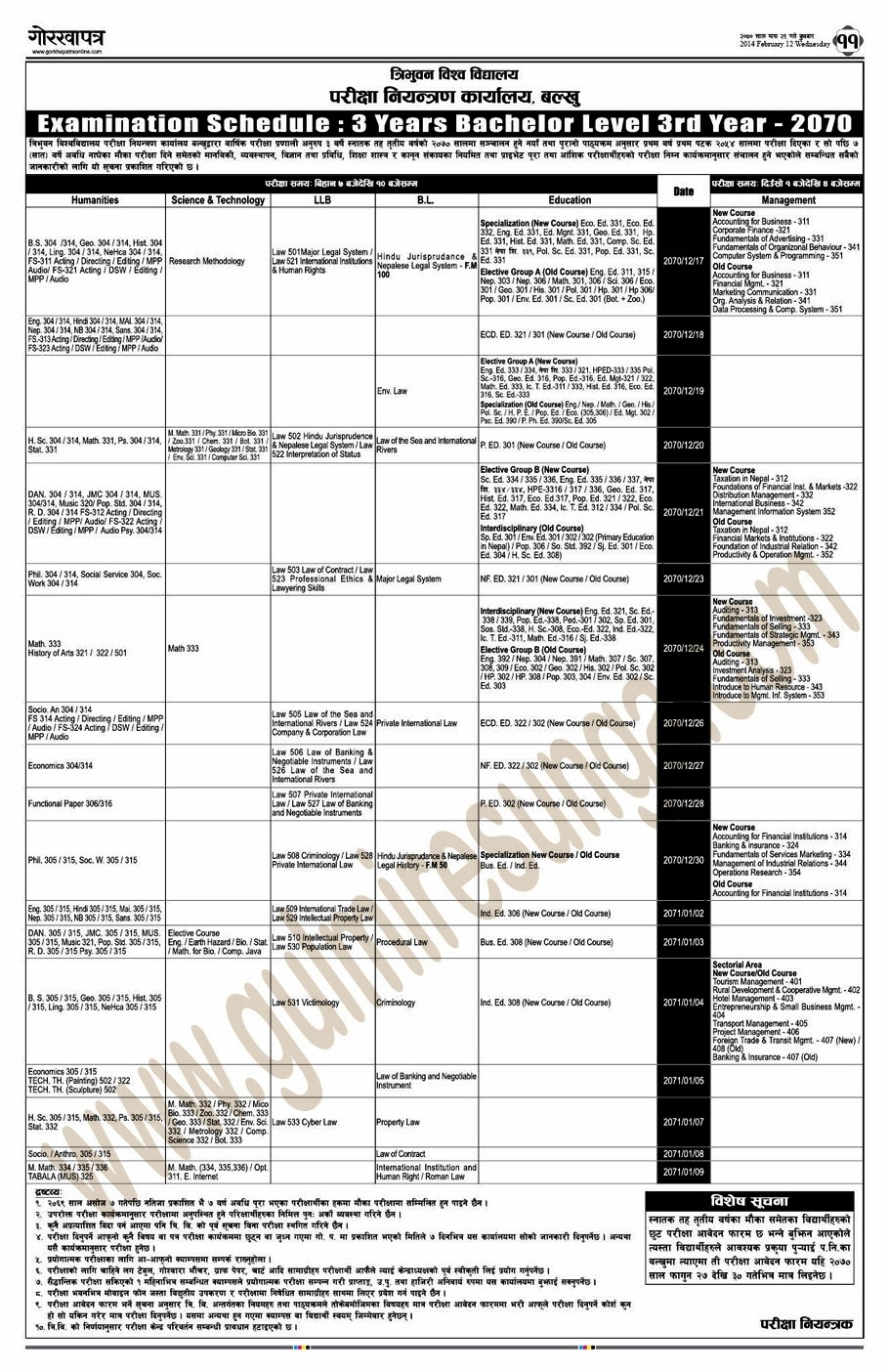 bachelor level 3rd year examination routine