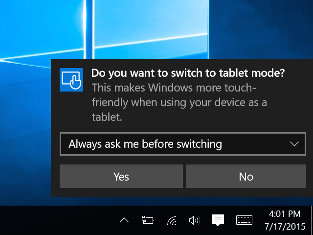Tampilan opsi untuk mengubah ke mode tablet Tampilan opsi untuk mengubah ke mode tablet