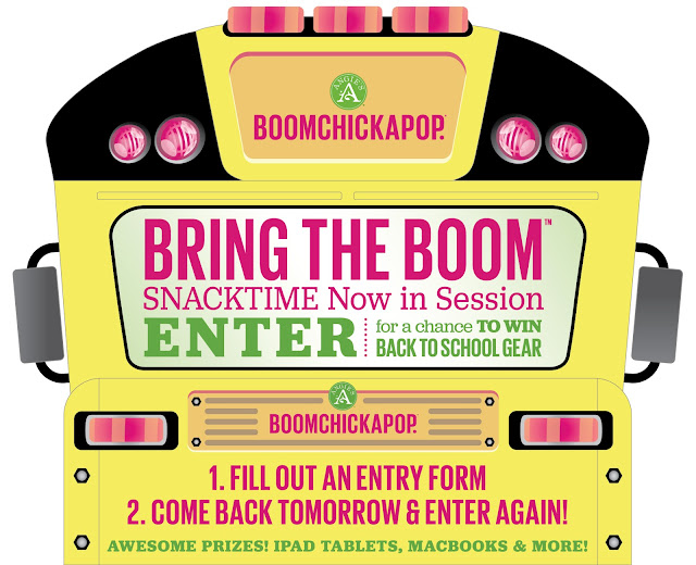 BRING THE BOOM SNACKTIME NOW IN SESSION SWEEPSTAKES Angie's Boomchickapop snack products want you to enter daily for a chance to win electronics like a MacBook Air, an iPad Mini 2, back to school gear, yummy snacks and more!