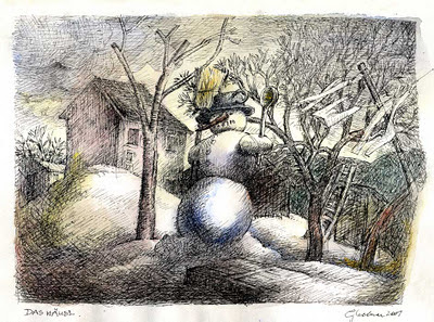 title: snowman, technique: coloured pen drawing, drawing, artist: wolfgang glechner, year: 2001 