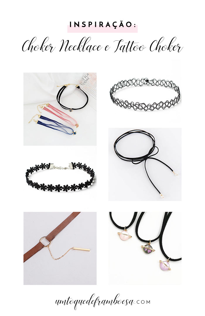 Inspiração de colares choker e tattoo choker, muito comum nos anos 90 mas que continua em alta, especialmente com os novos modelos cada vez mais elegantes