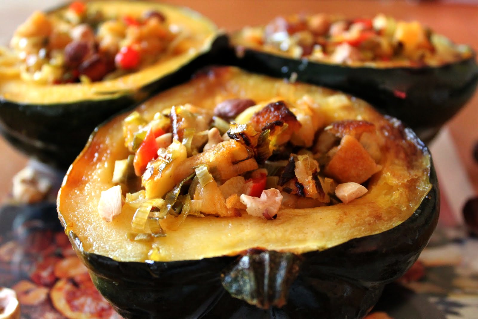 Baked Acorn Squash with Chestnuts, Apples and Leeks