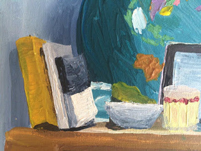 Detail of books, jar, bowl in still life painting by Alaskan Artist Yona Brodeur