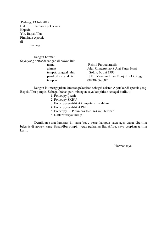 Kumpulan Contoh Surat Lamaran Kerja Apoteker Dalam Bahasa