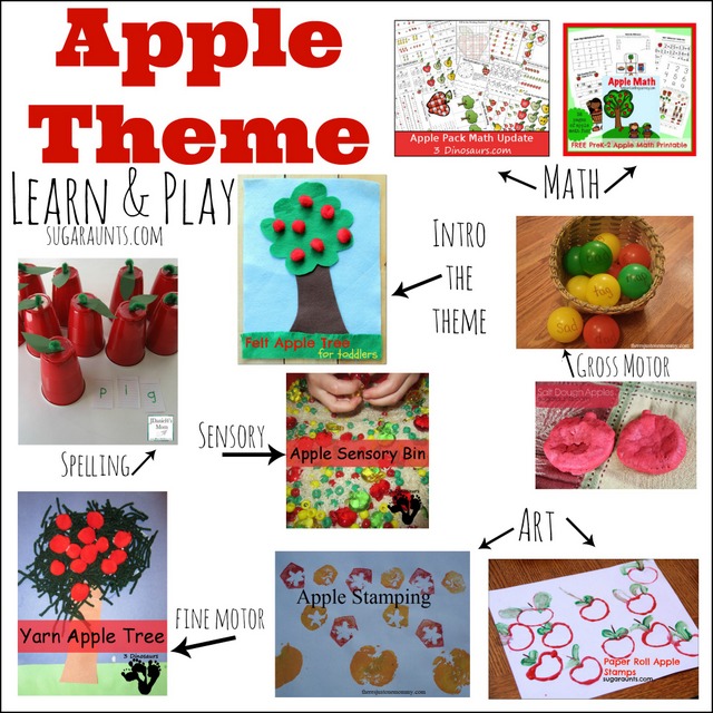 Apple themed activities for learning and play: Math, spelling, fine and gross motor, art, sensory Apple themed activities for learning and play: Math, spelling, fine and gross motor, art, sensory. This is perfect for school or home preschool apple themed week!