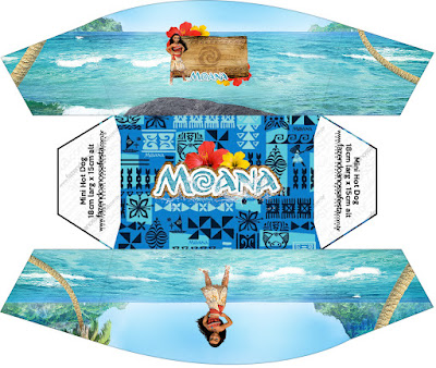 Moana: Cajas para Imprimir Gratis. Para Hot Dogs = Perros Calientes.