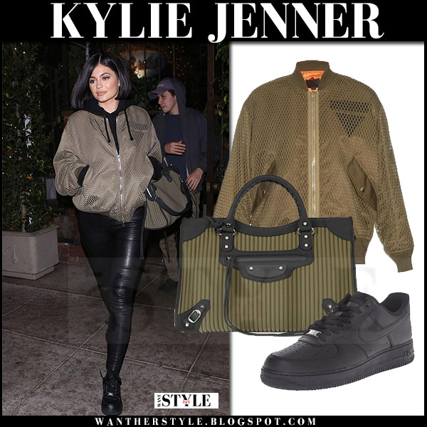 Kylie Jenner: Bomber Jacket, Black Mesh Leggings