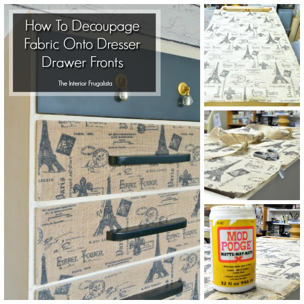 A tutorial on how to decoupage dresser drawer fronts with fabric.