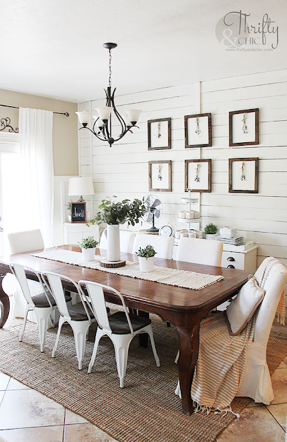 DIY faux wood beams. How to add character to your house. Farmhouse dining room decor and decorating ideas.