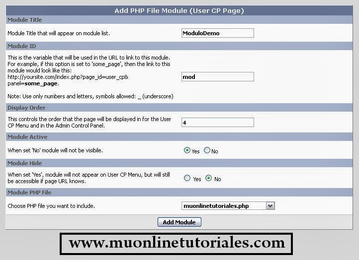 Completando formulario para adicionar el módulo al admincp
