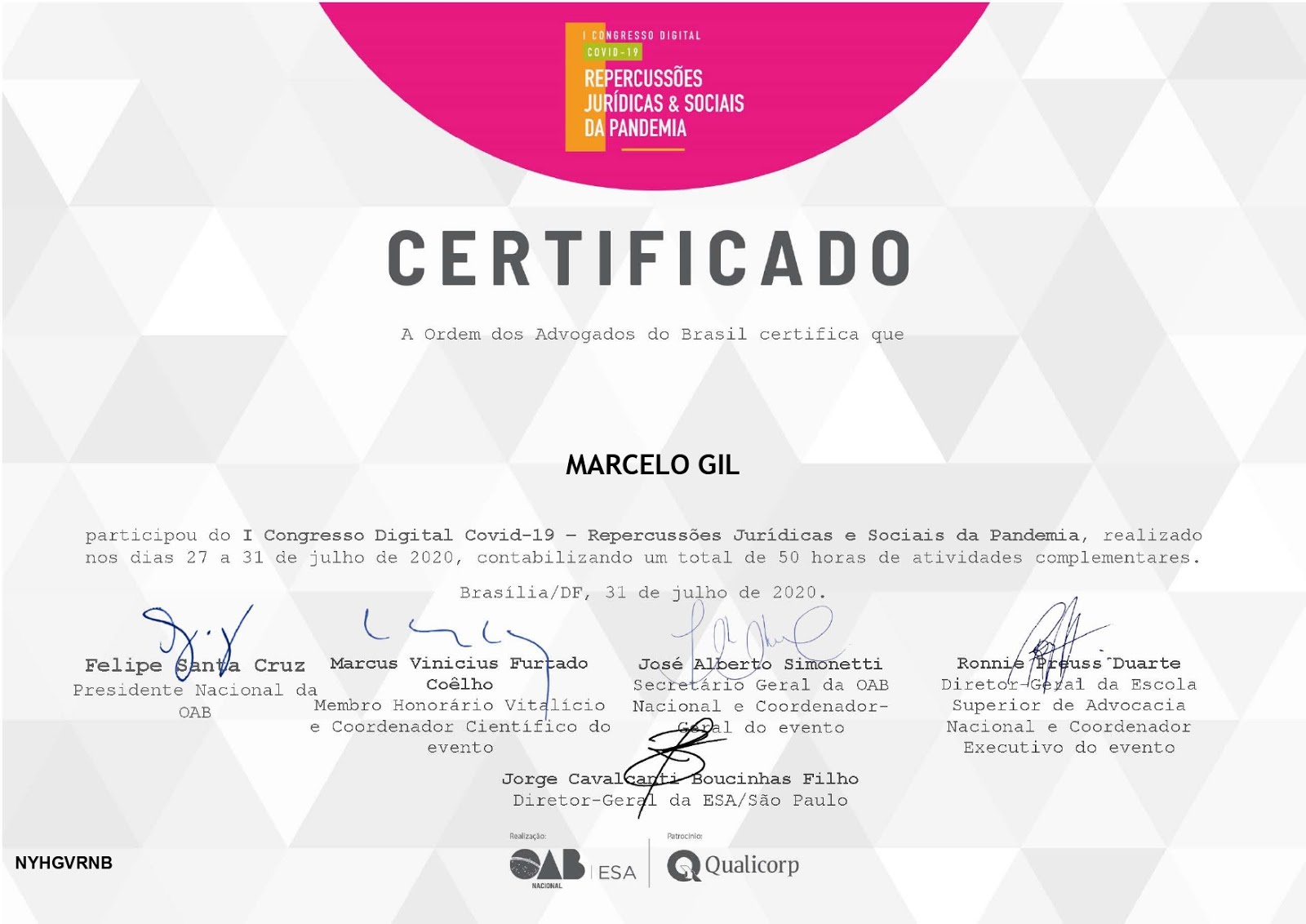 CERTIFICADO CONCEDIDO À MARCELO GIL PELA OAB / 2020