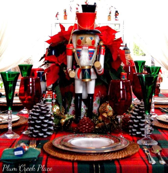 Nutcracker tablescape, Noritaki Royal Hunt, Noel wine flutes, poinsettias, pine cones