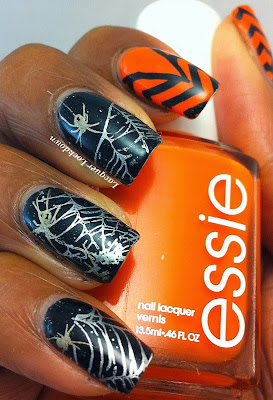Lacquer Lockdown - stamping, nail art, Orly Goth, Essie Fear or Desire, spiderwebs, spiders, halloween nail art, halloween, chevron nail art, china glaze passion, essie no place like chrome, vivid lacquer, vivid lacquer stamping plates, vivid lacquer image plates, VL010, VL013,  orange and black nail art, halloween nails, easy nail art, cute nail art, trigger finger mani, trigger finger accent nails, chevrons, spiders, cobwebs, spooky nails, cute nails
