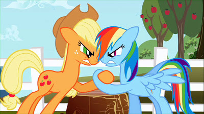 Applejack and Rainbow Dash hoof-wrestle