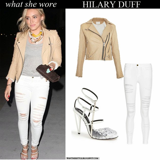 WHAT SHE WOREHilary Duff in beige leather jacket with white distressed