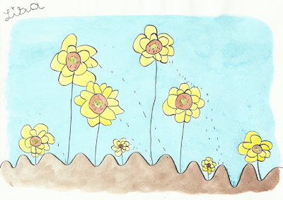 dessin d'enfant, le champ de tournesols sans pesticides