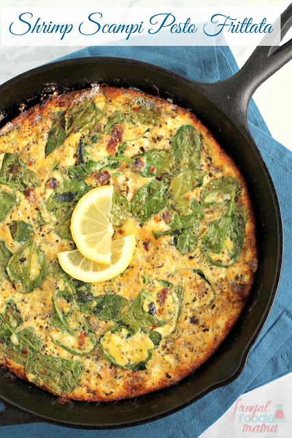 Light & flavorful, this easy to make Shrimp Scampi Pesto Frittata is the perfect addition to your spring brunch, Lent, or Easter menu.