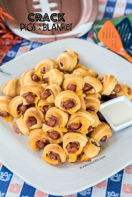 Crack Pigs in a Blanket - pigs in a blanket loaded with cheddar, bacon and ranch - OH MY GOODNESS!!! Only 5 ingredients and ready in about 15 minutes. Great for parties! These things FLY off the plate!!! I almost always double the recipe! #superbowl #tailgating #pigsinablanket Crack Pigs in a Blanket - pigs in a blanket loaded with cheddar, bacon and ranch - OH MY GOODNESS!!! Only 5 ingredients and ready in about 15 minutes. Great for parties! These things FLY off the plate!!! I almost always double the recipe! #superbowl #tailgating #pigsinablanket