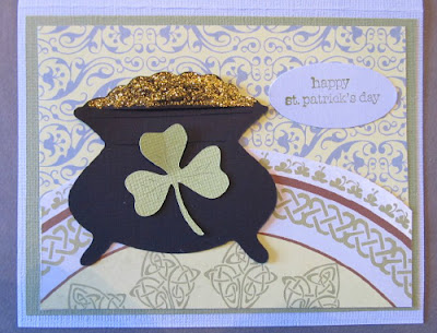 Black kettle pot with green shamrock design and gold glitter for Irish card