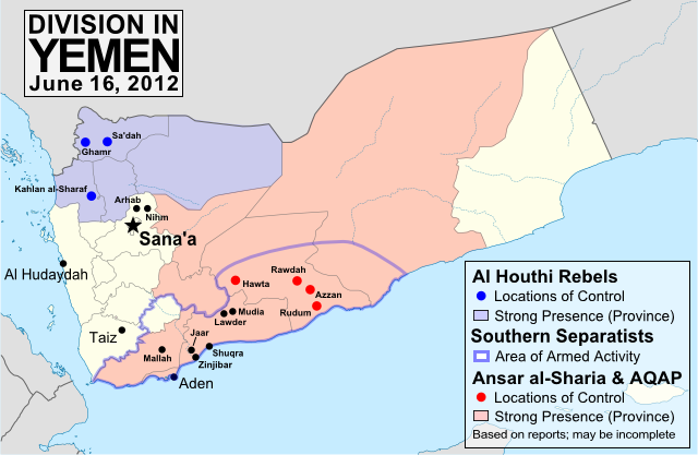 Map of division in Yemen, including control by Al Qaeda or Ansar al-Sharia, the Houthi rebels, and the Southern Movement. Update for June 2012.