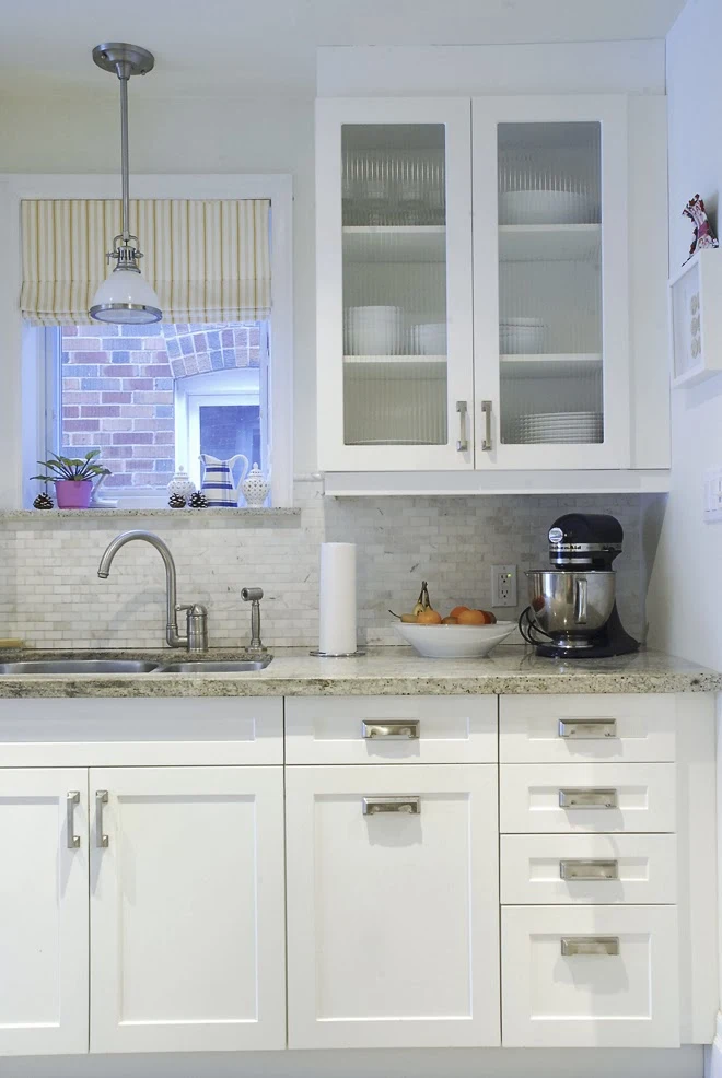 Rambling Renovators | white kitchen shaker cabinet ribbed glass