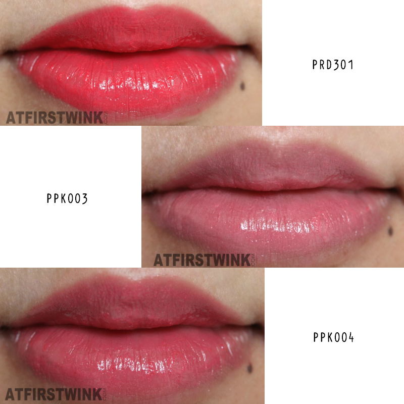 Etude House Etoinette Crystal Shine Lips lipsticks worn on lips PRD301 PPK003 PPK004