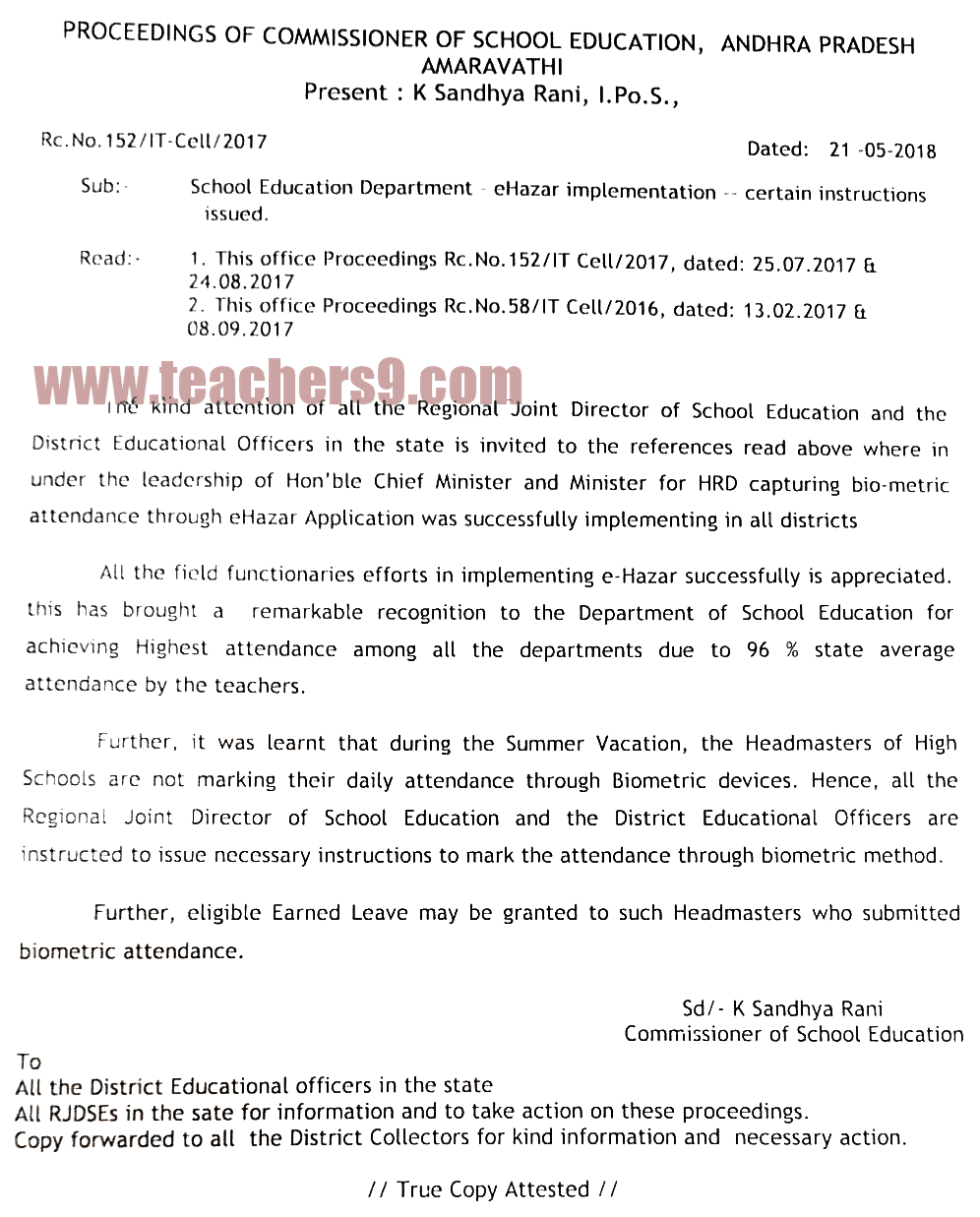 Rc.No.152 - e Hazar implementation - certain instructions issued