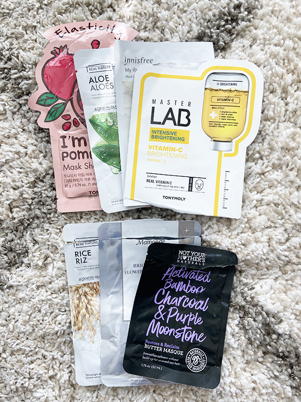 Round-up of empty sheet masks from TONYMOLY, The Face Shop, Mamonde, and Innisfree, and a hair mask from Not Your Mother's Naturals