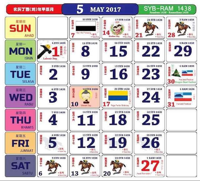 Gambar Kalendar 2017 Termasuk Cuti Peristiwa bulan 5 Mei