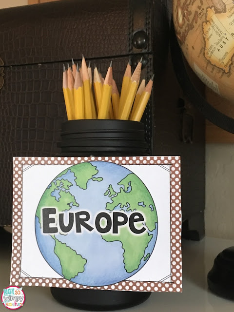 Continuing with the travel theme for class supplies, this jar of pencils has a label featuring a globe with "Europe" written across it