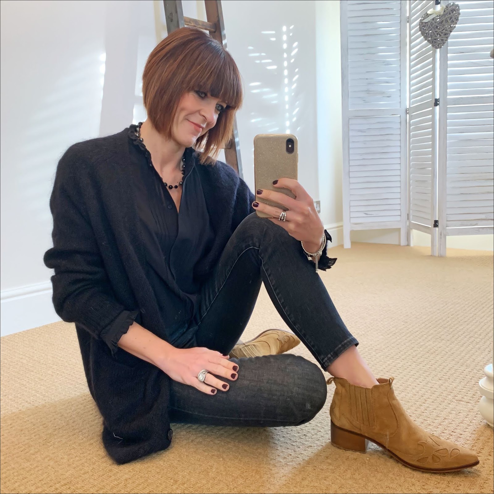 my midlife fashion, isabel marant etoile mohair boyfriend cardigan, h and m ruffle embroidered blouse, chanel vintage pearl necklace, j crew 9 high rise toothpick jean in charcoal, zara western heel suede ankle boots