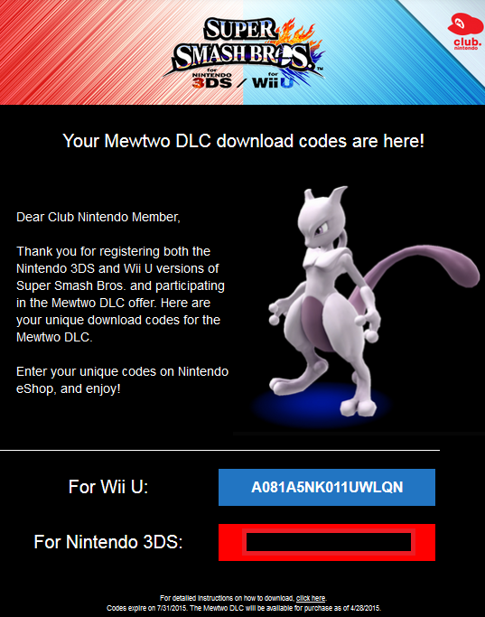 Mewtwo DLC Club Nintendo e-mail Super Smash Bros. For Wii U 3DS 4 code eShop