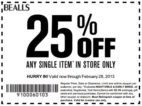 Frugal Mom and Wife: BEALLS 25% off Any Single Item (Online In Store)