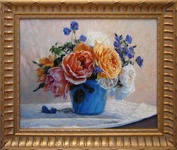 AVAILABLE - by Robin Lucile Anderson - Blue Pot with Orange White and Blue Flowers