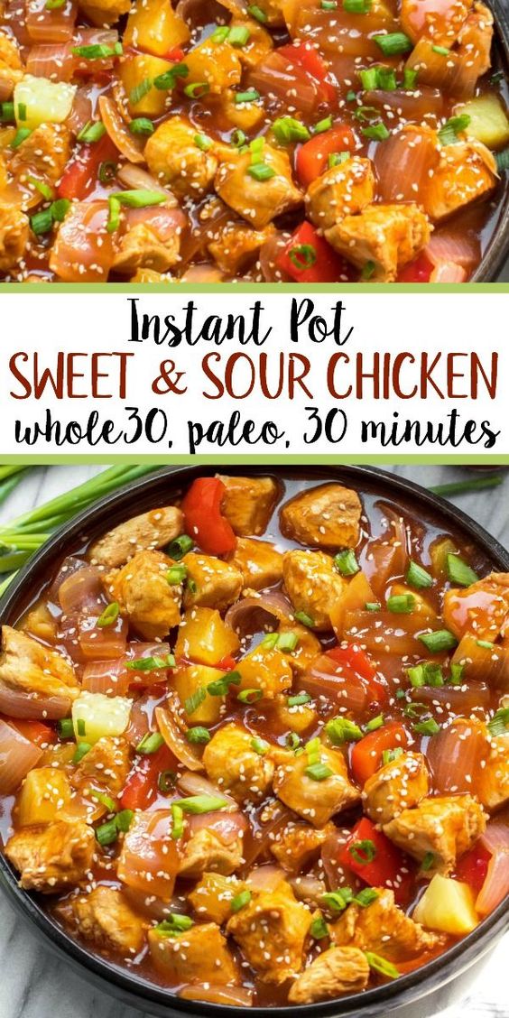 Whole30 instant pot sweet and sour chicken is so easy and so quick to make, and there's skillet instructions too! It's completely Paleo, sugar free, gluten free, and made in less 30 minutes. The simplicity of this recipe makes it perfect for a weeknight meal that's family friendly, or for Whole30 meal prep.