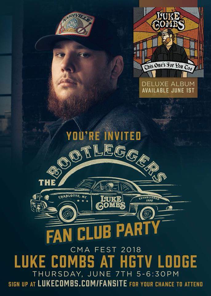 Luke Combs to Hold Bootleggers Fan Club Party During CMAFest 2018