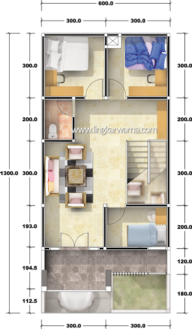 denah rumah minimalis ukuran 6x13 meter 5 kamar tidur 2 lantai