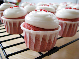 mini red velvet cupcakes with cream cheese frosting