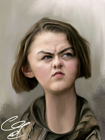 Caricature of Maisie Williams starring as Arya Stark