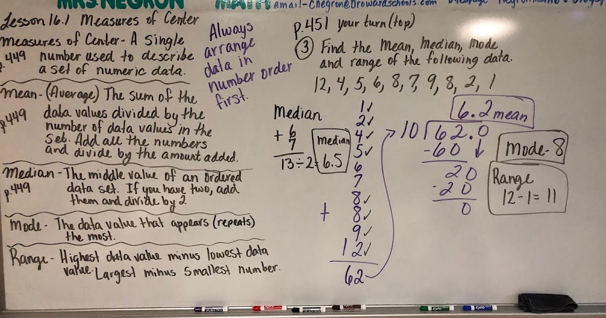 Mrs. Negron 6th Grade Math Class: Lesson 16.1 Measures of Center