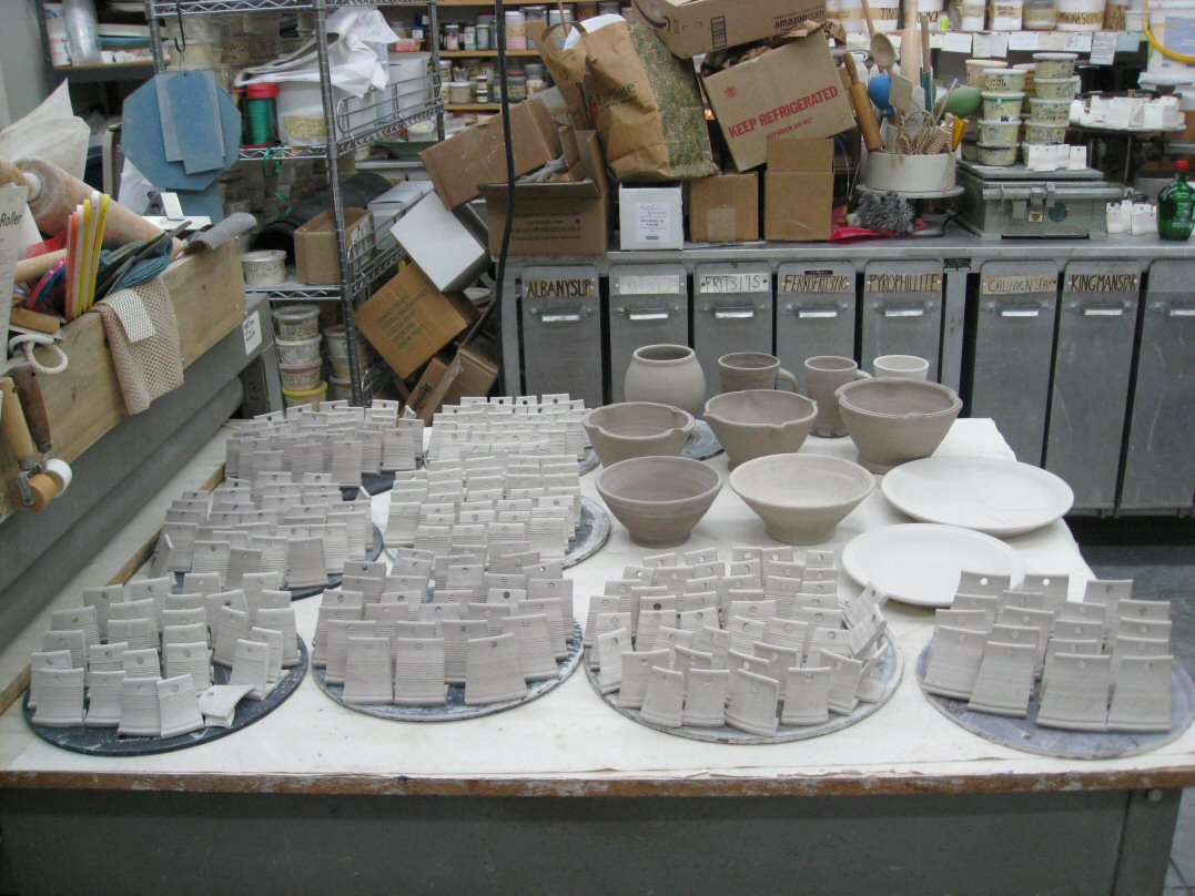 Shambhala Pottery Test tiles drying glaze batching starting