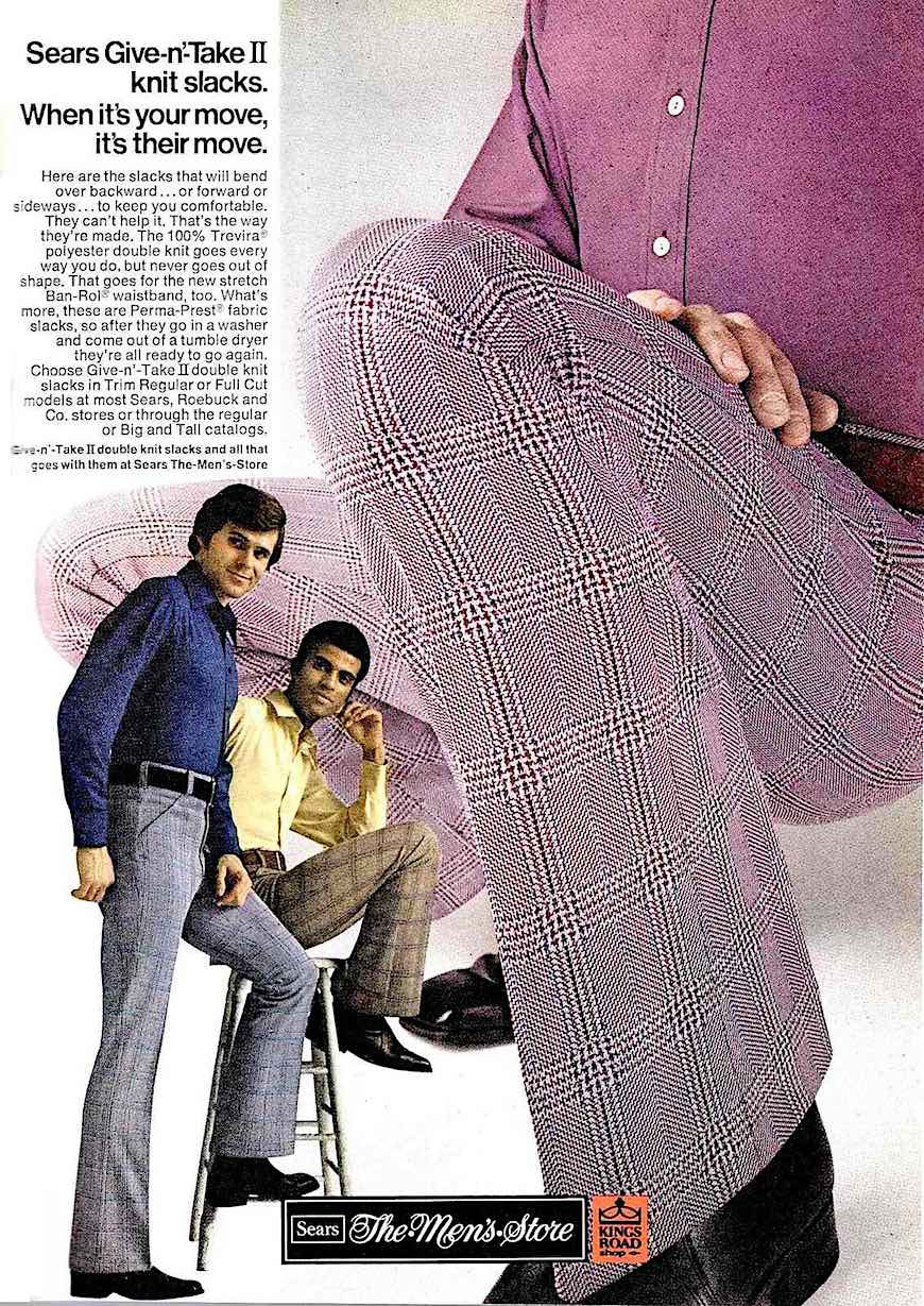 972 men's fashion SEARS 1972 men's fashion, synthetic stretchable knitwear, a color photograph