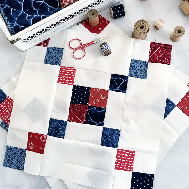 "Star Spangled BOM {Chain Blocks}" is a Free Patriotic Quilt Block Pattern designed by Lindsey Weight from the Fort Worth Fabric Studio {Blog}!
