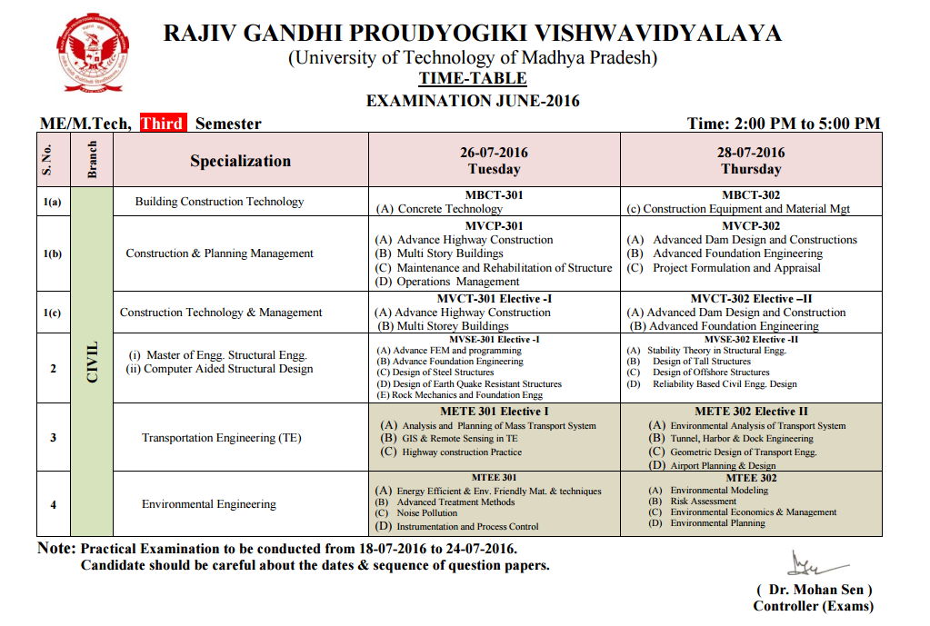 Rgpv Examination Time Table July 2016 You will get ur degree in less than two hours depends on employee. rgpv examination time table july 2016